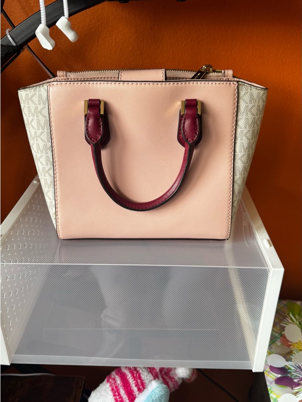Michael Kors Pink and Burgundy Satchel with Signature Sides - Picture 2 of 5